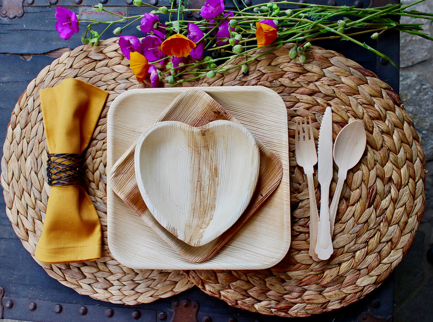 Eco Friendly Palm Leaf Plates 25 Piece 9.5" and 25 Piece 5" Bowl 25 Piece Fork and 25 Piece Knife - For Events & Parties - Disposable - Compostable - Biodegradable