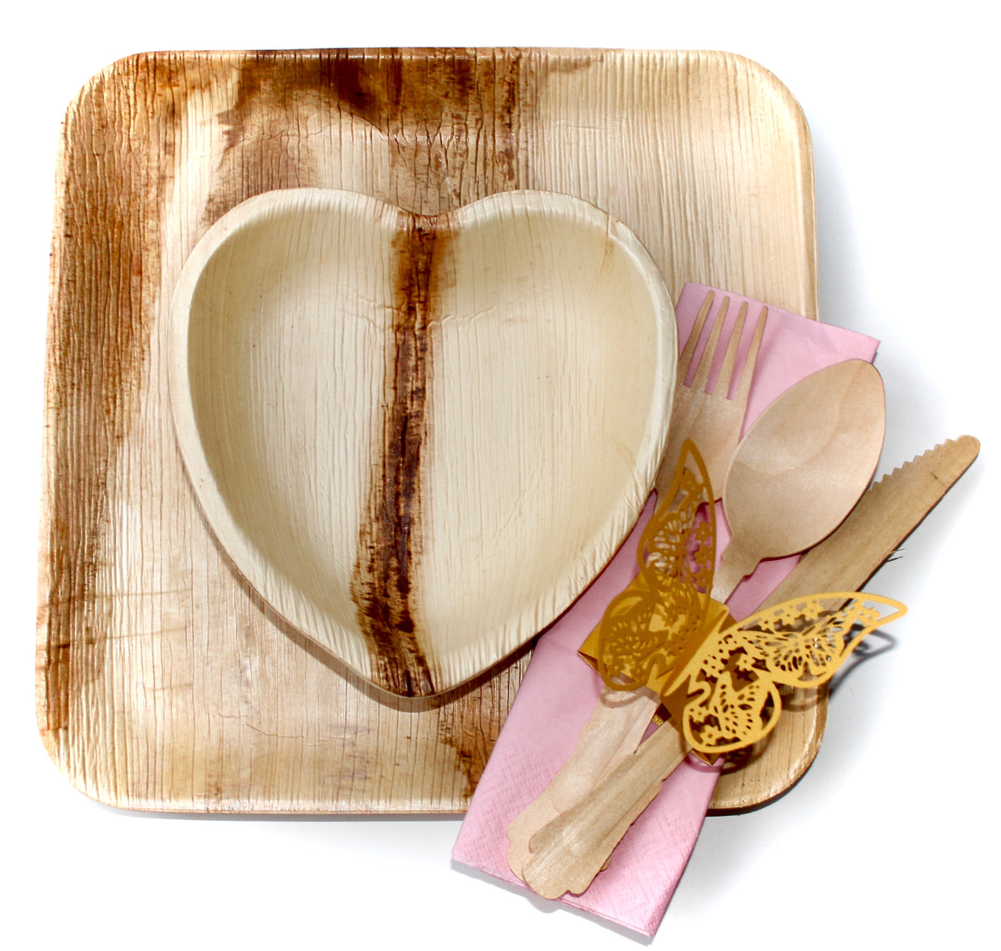 Palm Leaf plates 10 Pice 9.5" Square- 30 Pic cutlery  and 10 pice Napkin and 10 Pice butterfly 3D