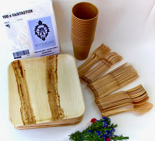 Bamboo Type Palm Leaf 50 Pic 10" Square - 150 Pic Cutlery5o Cup - disposable -  Biodegradable