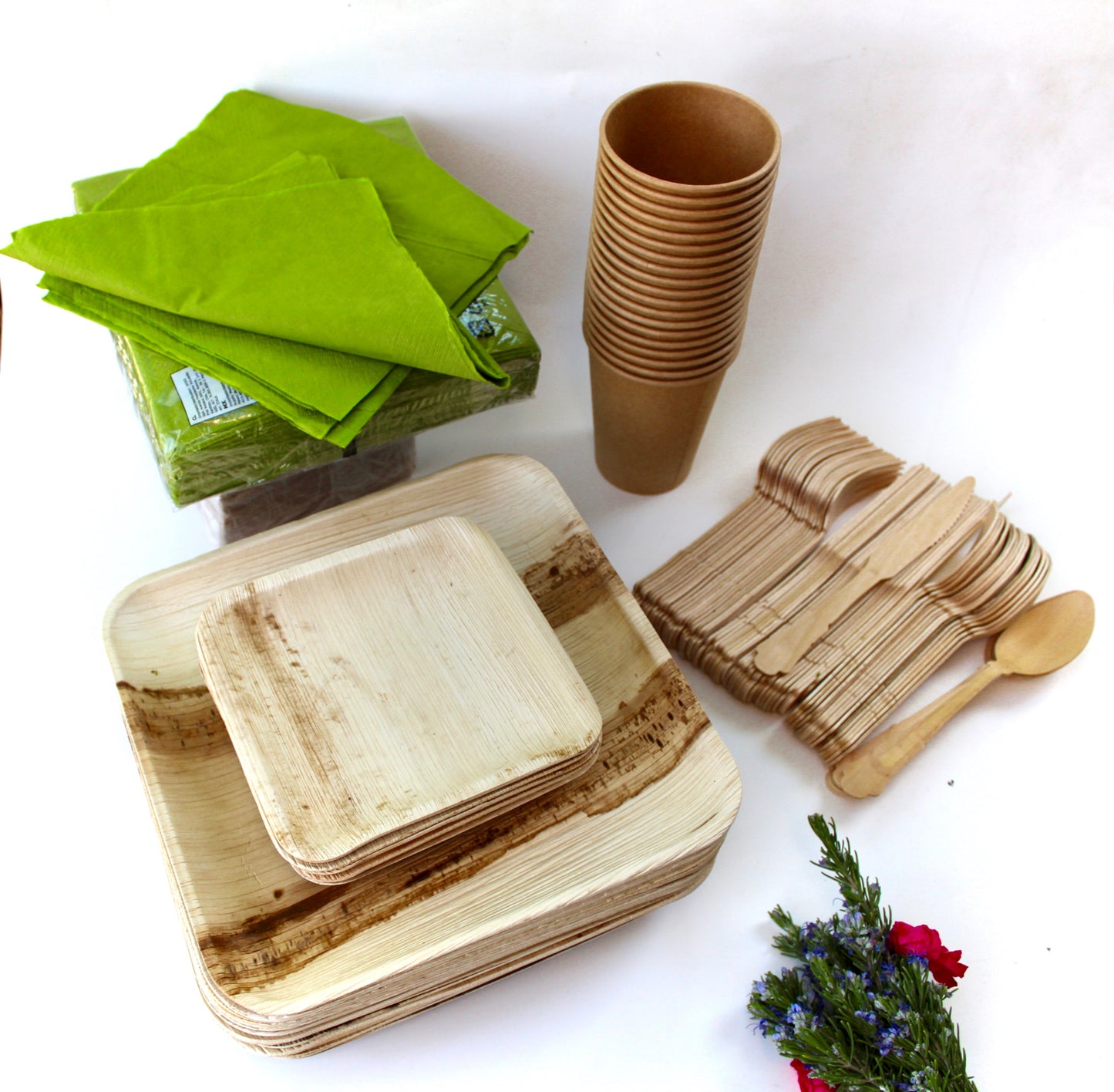 Bamboo Type Palm Leaf 25 Pic 10"Square  - 25 pice  7" Square - 25 Pic 6" Square  - 25  pic  cup  - 75 pic Cutlery - 50 Pic Napkin