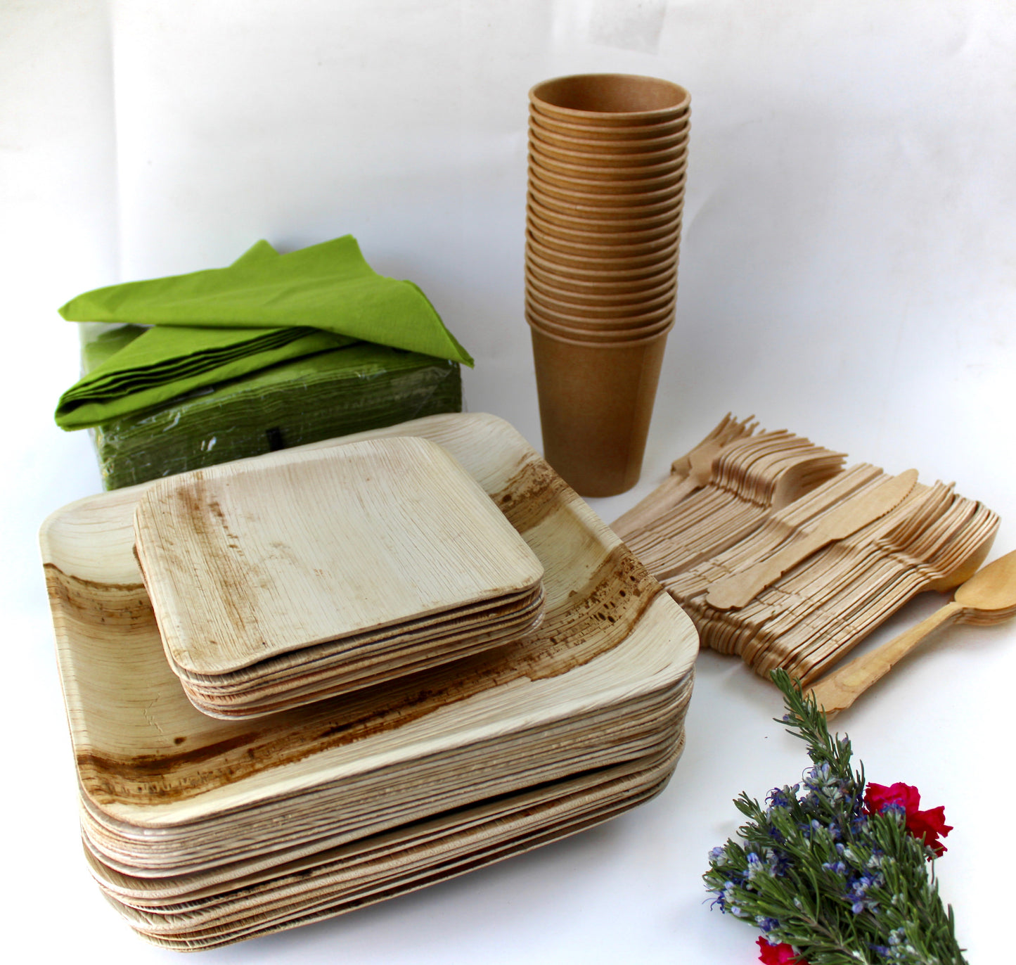 Bamboo Type Palm Leaf 25 Pic 10"Square  - 25 pice  7" Square - 25 Pic 6" Square  - 25  pic  cup  - 75 pic Cutlery - 50 Pic Napkin