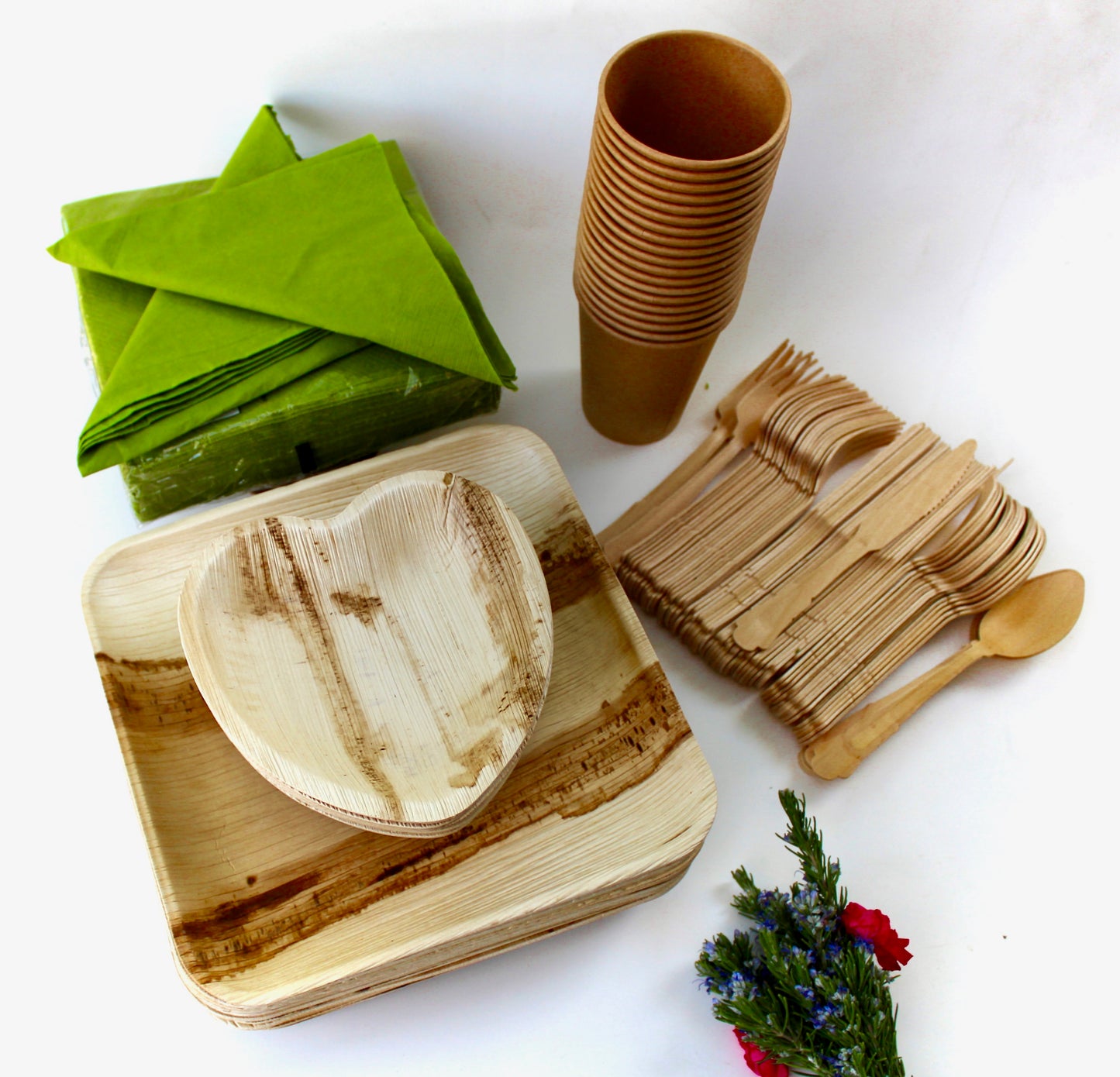 Bamboo Type Palm Leaf 25 Pic 10"Square  - 25 pice Square deep  6"- 25  pic  cup  - 75 pic Cutlery - 50 Pic Napkin