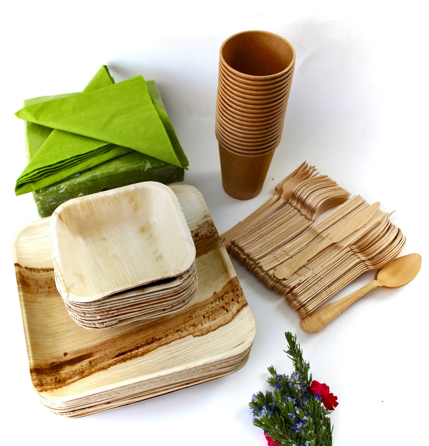 Bamboo Type Palm Leaf 25 Pic 10"Square  - 25 pice  6" Bowl deep  - 25  pic  cup  - 75 pic Cutlery - 50 Pic Napkin