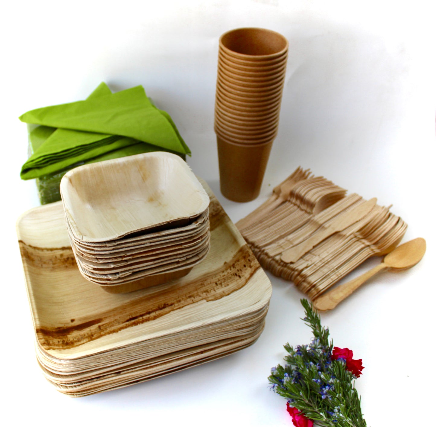 Eco Friendly Bamboo Type Palm Leaf 25 Piece 10" Square - 25 Piece 6"- Square - 25 Piece Cup 75 Piece Cutlery 50 Piece Napkin - For Events & Parties - Disposable - Compostable - Biodegradable