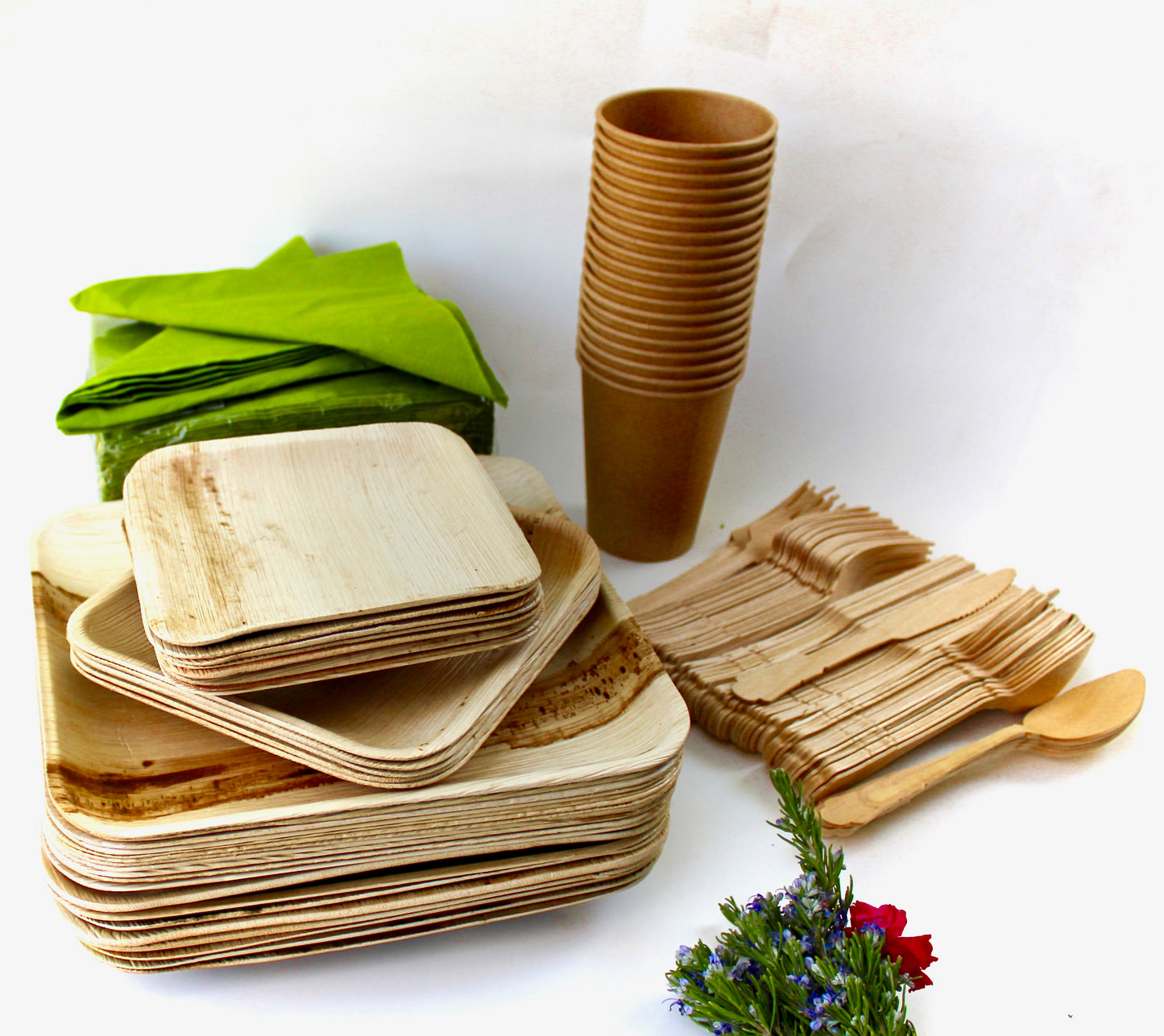 Bamboo Type Palm Leaf 25 Pic 10"Square  - 25 pice Square deep  6"- 25  pic  cup  - 75 pic Cutlery - 50 Pic Napkin