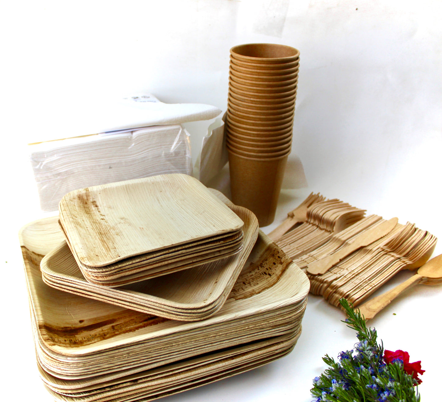 f Bamboo Type Palm Leaf 25 Pic 10"Square  - 25 pice  5" Bowl "- 25  pic  cup  - 75 pic Cutlery - 50 Pic Napkin