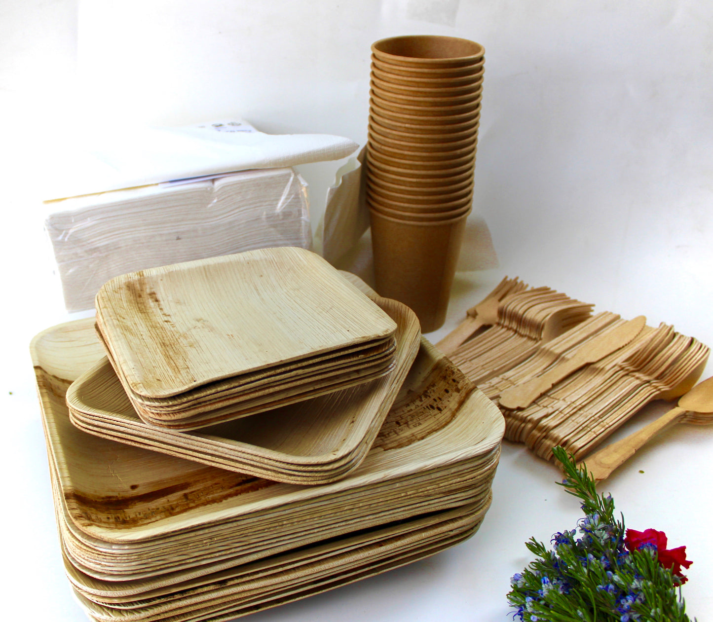 Bamboo Type Palm Leaf 25 Pic 10"Square  - 25 pice Square deep  6"- 25  pic  cup  - 75 pic Cutlery - 50 Pic Napkin