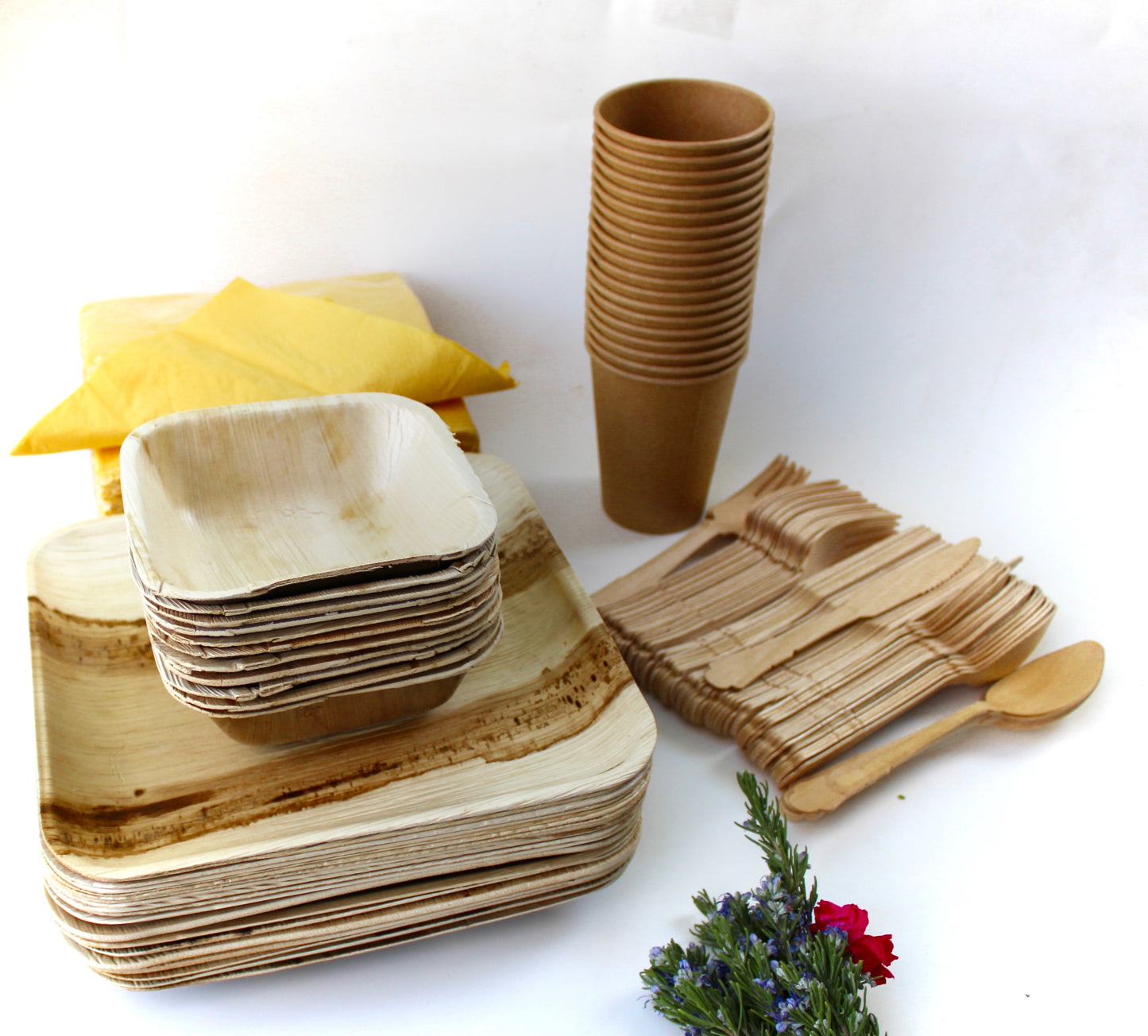 Bamboo Type Palm Leaf 25 Pic 10"Square  - 25 pice Square deep  6"- 25  pic  cup  - 75 pic Cutlery - 50 Pic Napkin