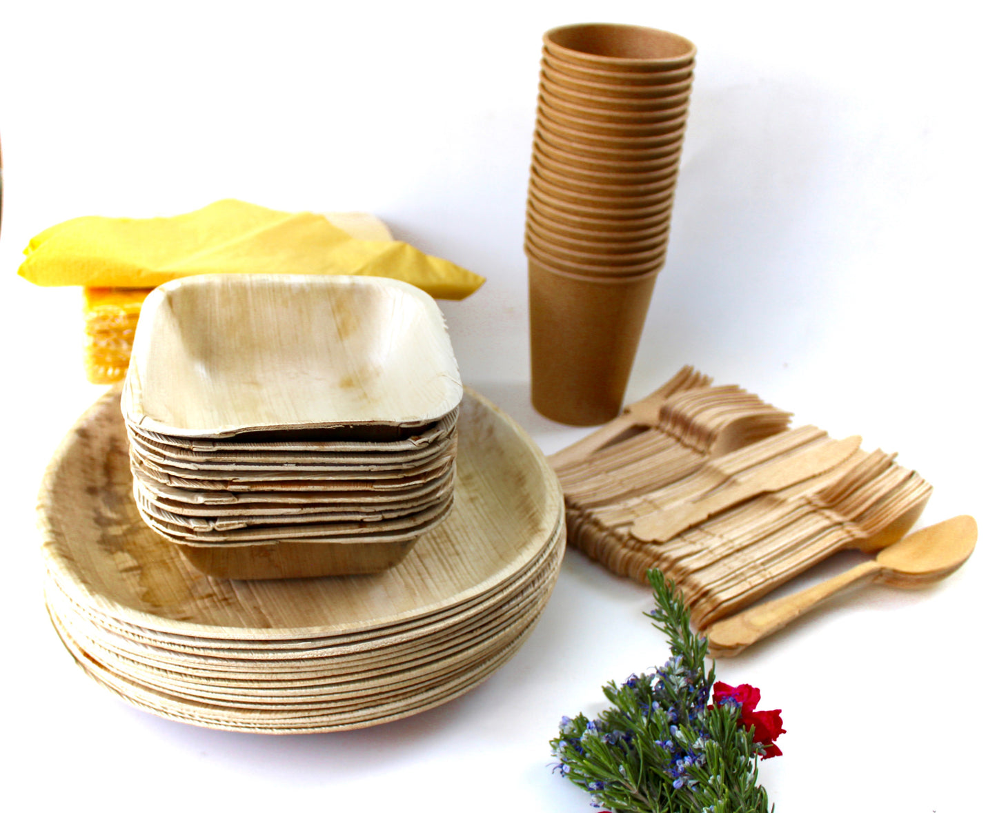 Bamboo Type Palm Leaf 25 Pic 10" Round  - 25 pice  Square deep 6"- 25  pic  cup  - 75 pic Cutlery - 50 Pic Napkin
