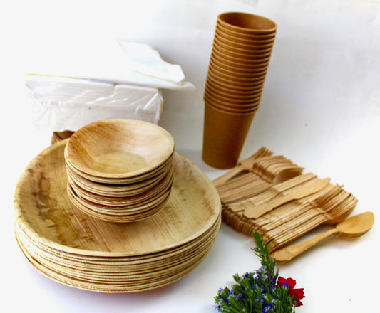 palm leaf plates 10 pice 10" Round  - 10 pic 6" Round  and  10 Pic 5" Square Bowl   - 30  pic cutler - 20 pic napkin - 10 pic Coup