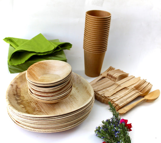 Bamboo Type Palm Leaf 25 Pic 10" Round  - 25 pice  5" Bowl "- 25  pic  cup  - 75 pic Cutlery - 50 Pic Napkin