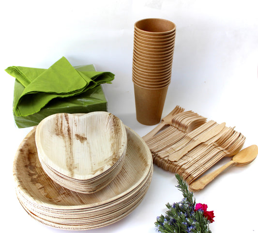 Bamboo Type Palm Leaf 25 Pic 10" Round  - 25 pice Heart 6"- 25  pic  cup  - 75 pic Cutlery - 50 Pic Napkin
