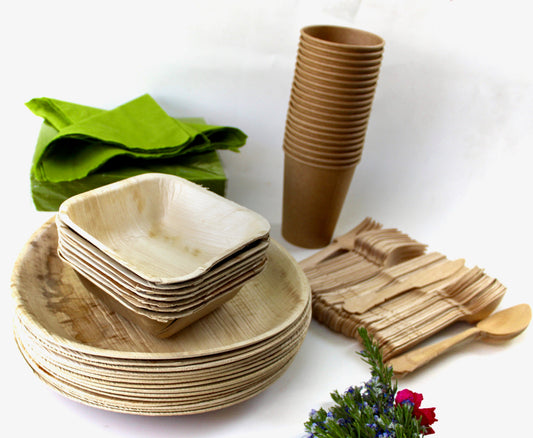 Copy of Bamboo Type Palm Leaf 25 Pic 10" Round  - 25 pice  Square deep 6"- 25  pic  cup  - 75 pic Cutlery - 50 Pic Napkin