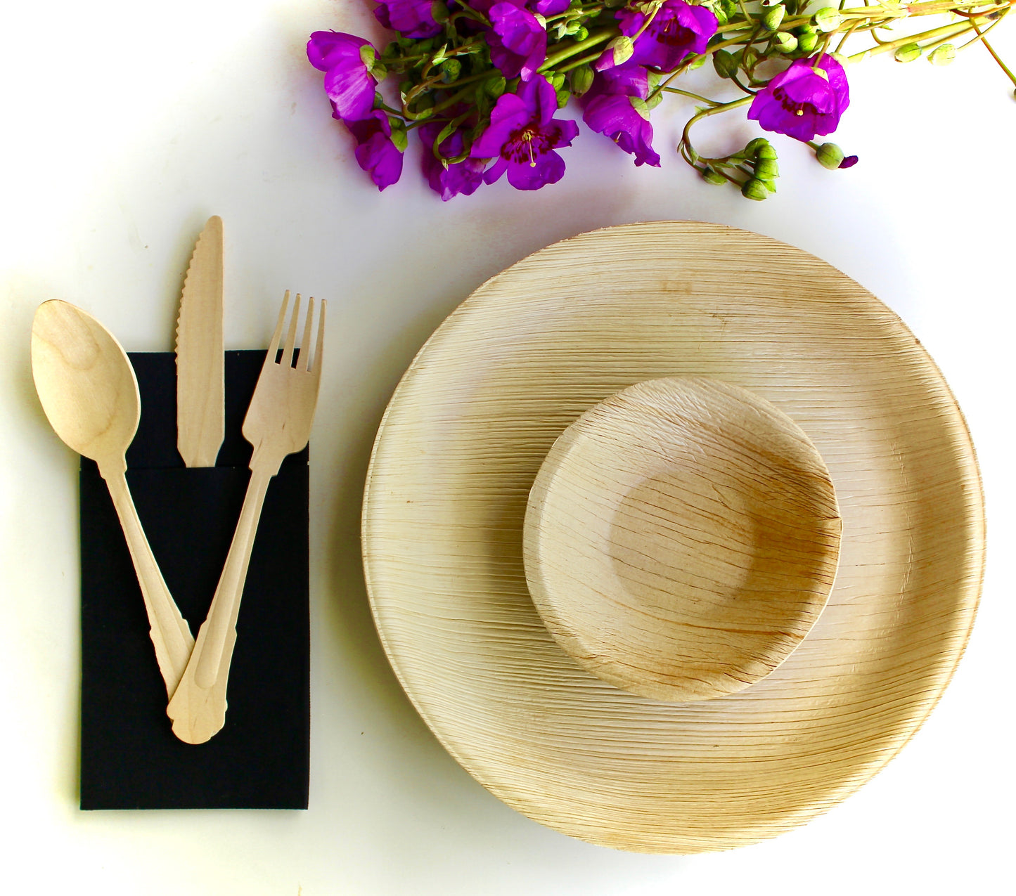 Bamboo Type palm leaf plate 10 pic 10" Round - 10 pic Haret- 75 pic Utensils 30 pic napkin