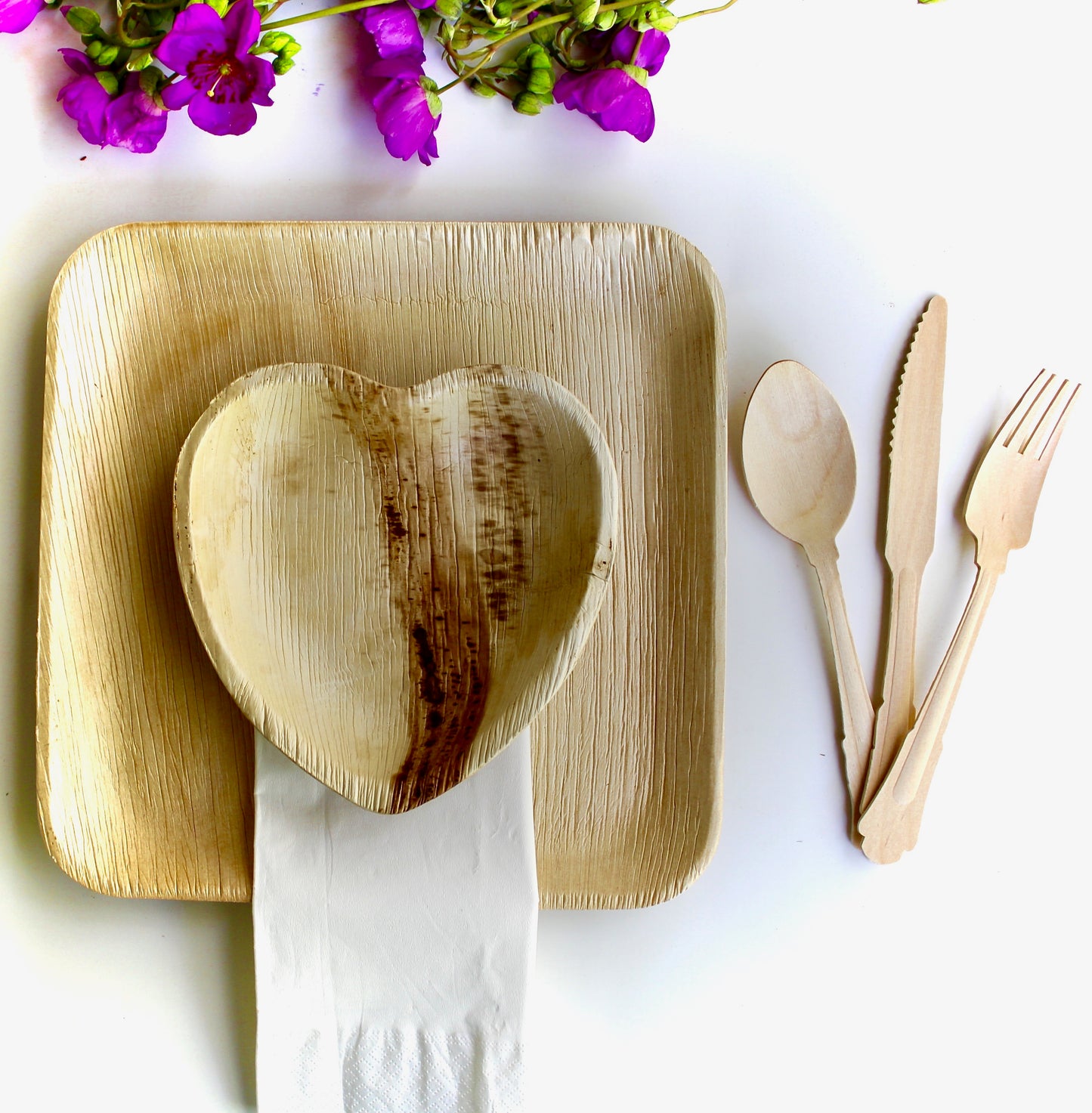 Eco Friendly Bamboo Type Palm Leaf Plate 25 Square 10"25 Heart 6"- 25 Piece Square 6"- 30 Napkin - 75 Piece Utensils - 25 Cup 25 Piece Napkin - For Events & Parties - Disposable - Compostable - Biodegradable