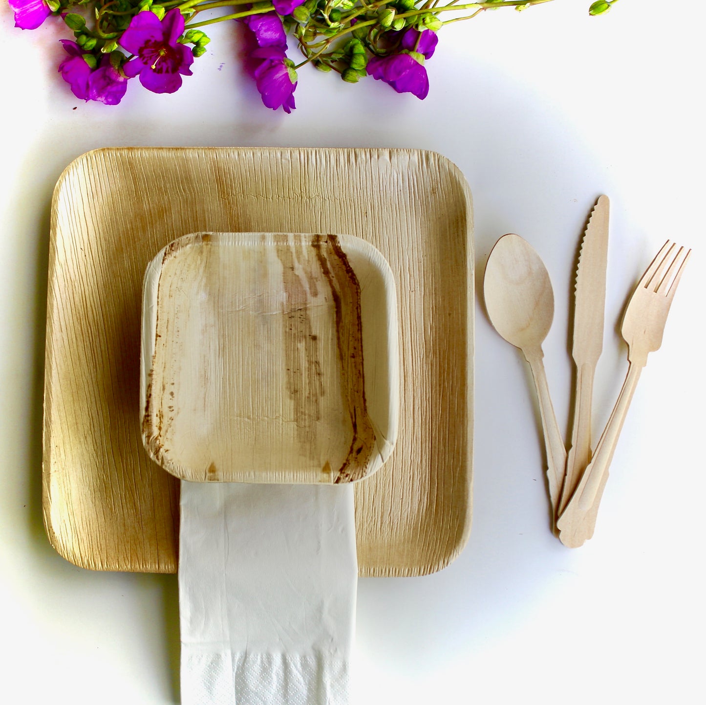 Bamboo Type Palm Leaf 10 Pic 9.5" Square - 10 pice 7" Square " - 10 pic 6" Square  - 30 pic Cutlery - 50 Pic Napkin