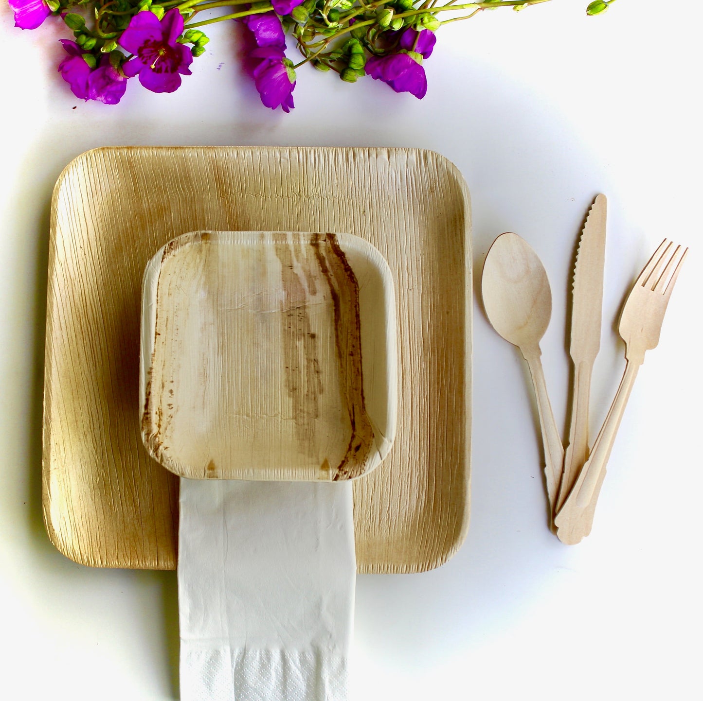 Bamboo Type Palm Leaf 25 Pic 9.5" Square - 25 pice 7" Square " - 25  pic 6" Square  - 75 pic Cutlery - 50 Pic Napkin