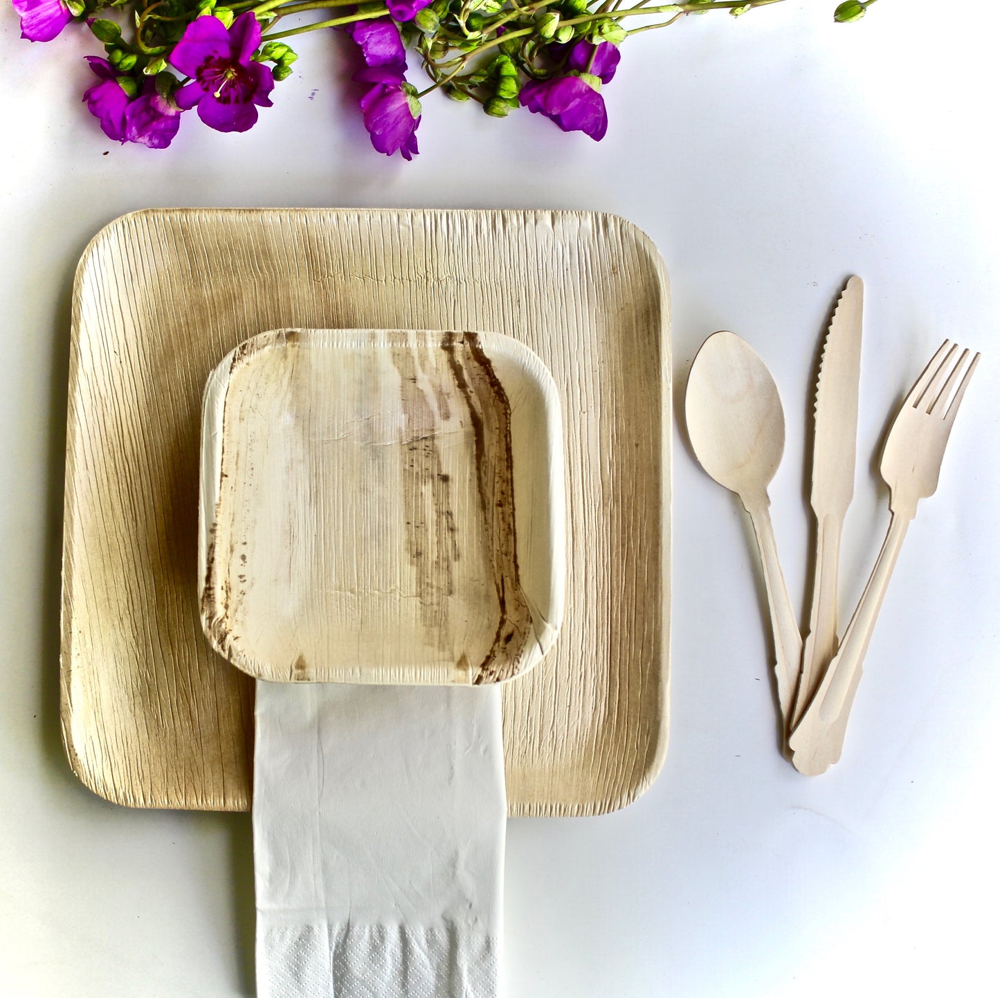 Eco Friendly Bamboo Type Palm Leaf Plate 25 Square 10"25 Heart 6"- 25 Piece Square 6"- 30 Napkin - 75 Piece Utensils - 25 Cup 25 Piece Napkin - For Events & Parties - Disposable - Compostable - Biodegradable