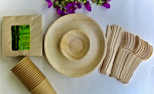 Eco Friendly Bamboo Type Palm Leaf Plates 25 Piece 10" Square - 25 Piece Cup Paper 75 Piece Cutlery and 30 Piece Napkin - For Events & Parties - Disposable - Compostable - Biodegradable