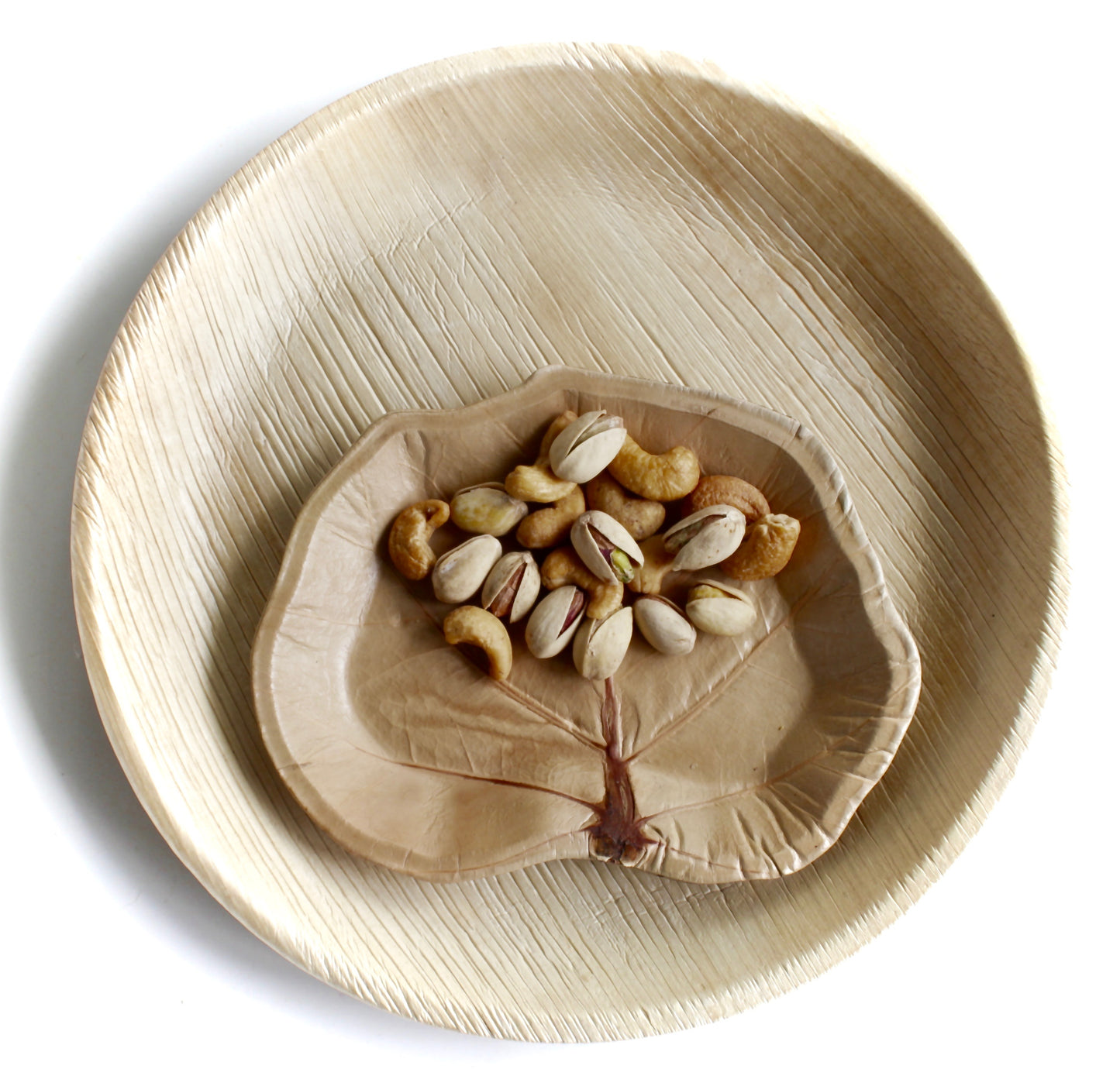 Bamboo type Palm Leaf plate  20 pic Round 10" - 20 pic Sea Grape Natural Dessert Plate 7" - 60 pic Utensils -Biodegradable