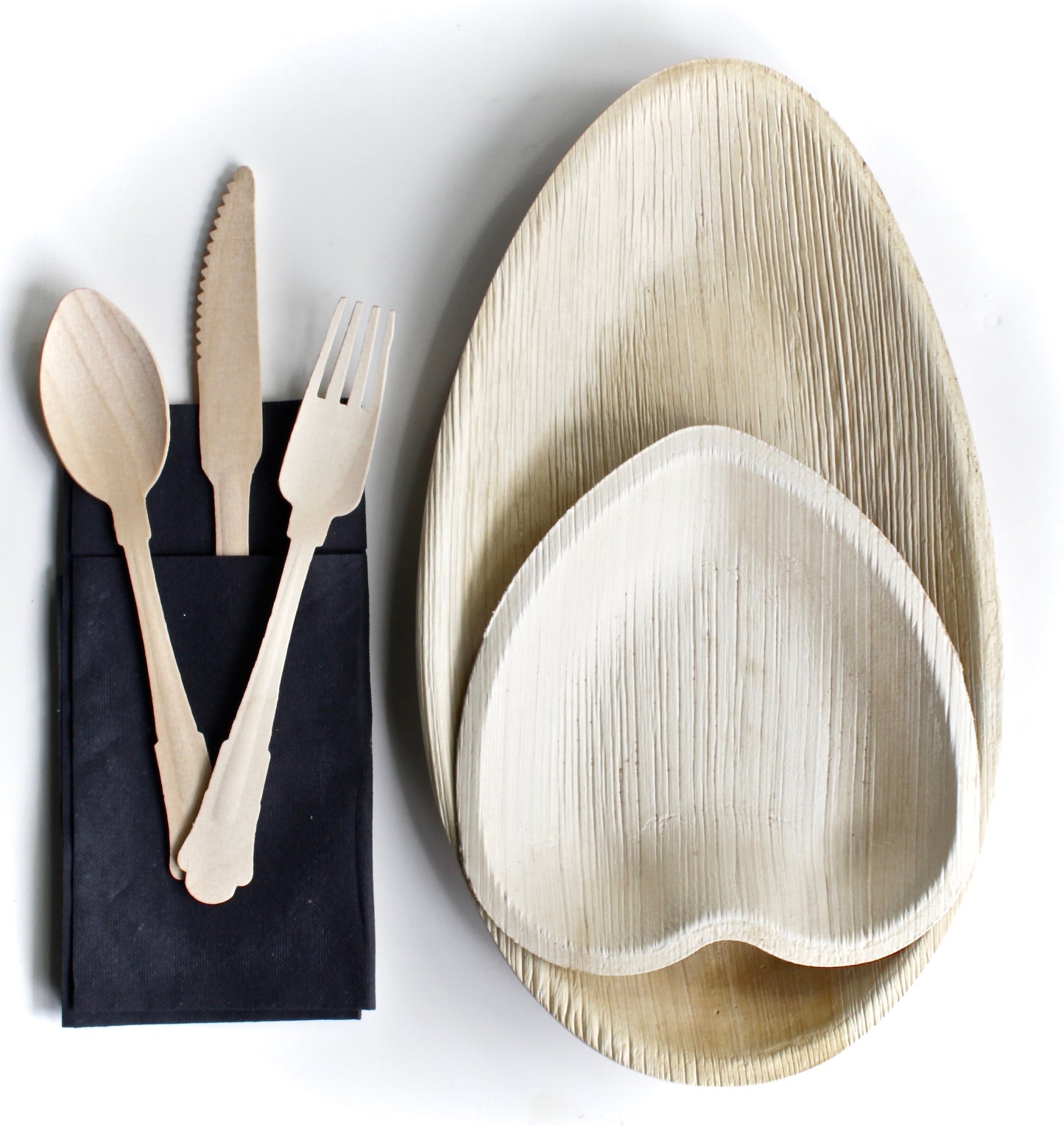 Bamboo Type Palm Leaf Plates 10 Piece Oval 12x7 - 10 Piece Heart 6" 30 Piece Cutlery- 20 Piece Napkin