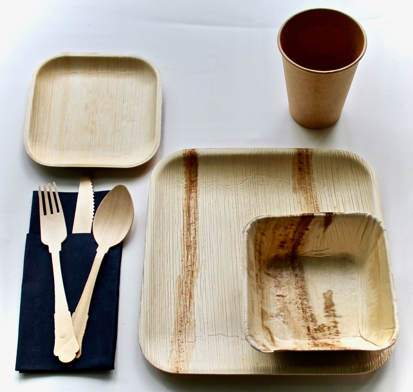 Eco Friendly Palm Leaf Plates 10 Piece Square 9.5" - 10 Piece 6" Square Bowl - 10 Piece Square 6" - 10 Piece Cup - 30 Piece Utensils - 10 Piece 6"x9" Triangle - 10 Piece 5" Bowl and 30 Piece Cutlery - 50 Piece Napkin - For Events & Parties