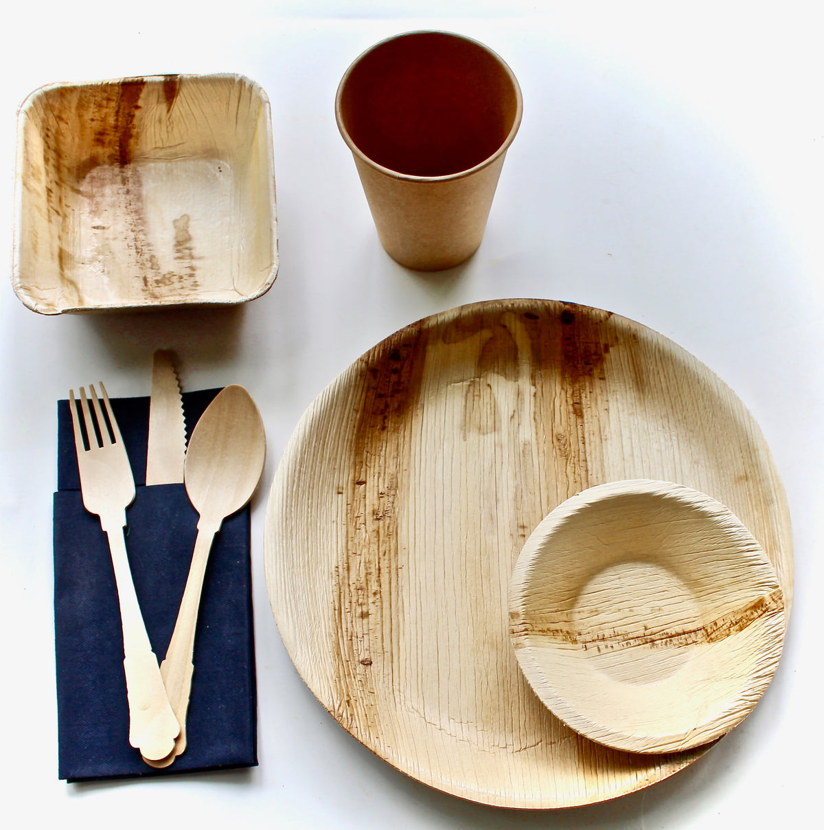 Complete Dining Set - 10 Round Plates (10") + 10 Bowls (5") + 10 Square Bowls (6") + 10 Cups + 30 Utensils + 30 Napkins - 100pc - Biodegradable
