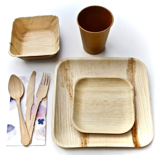 palm leaf plates 10 pice 10" Square   - 10 pic 6" Square - 10 pic Coup -  10 pic square Bowl  - 30  pic utensils