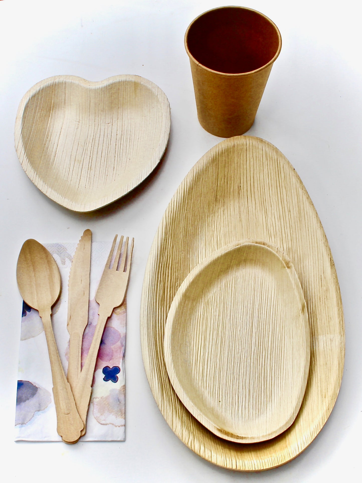 palm leaf dessert plate  25 pice Heart 6" - 75 pic Utensils - Biodegradable