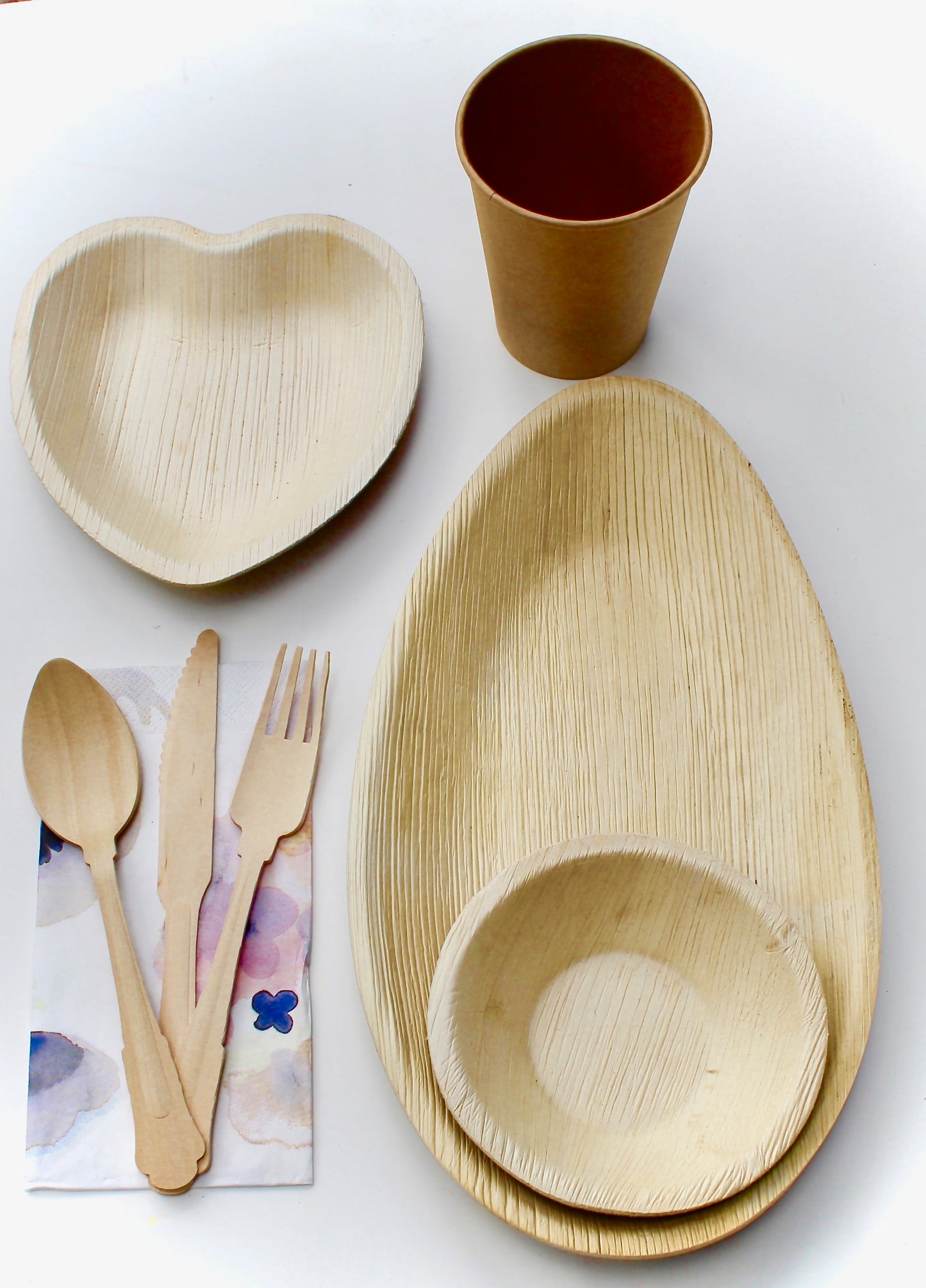 Palm Leaf plates 10 Pice 10" Square Deep   - 10 pic 6" Heart 6"  - 30 Pic cutlery - 10 pic 5" Bowl  and 10 pic Coup - 20 pic Napkin