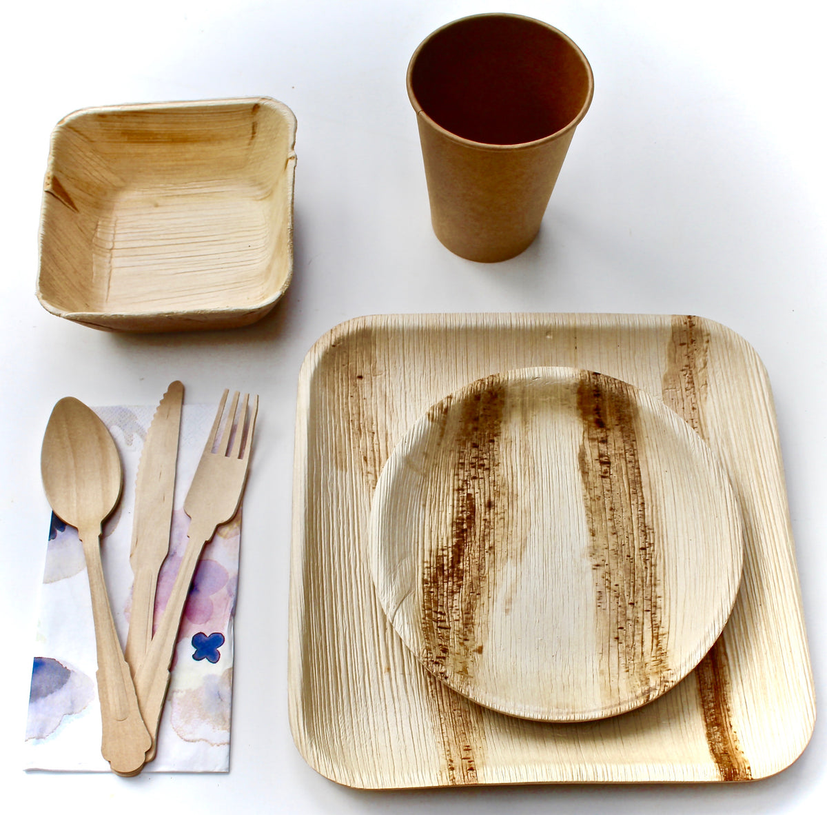 Ultimate Complete Collection - 10 Square Plates (10") + 10 Square Bowls (6") + 10 Deep Square Plates (6") + 10 Cups + 30 Wooden Utensils + 50 Napkins - 130pc