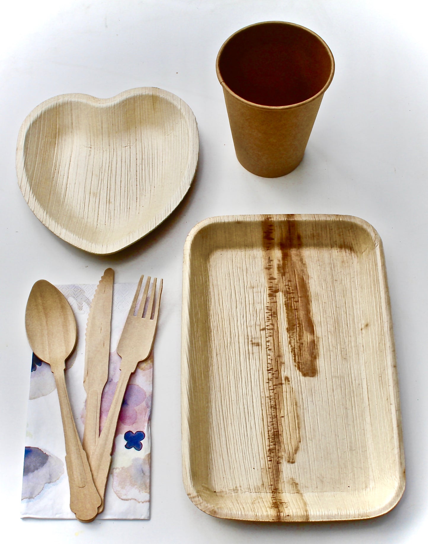 Eco Friendly Bamboo Type Palm Leaf 25 Piece 10" Round - 25 Piece Heart 6"- 25 Piece Cup 75 Piece Cutlery 50 Piece Napkin - For Events & Parties - Disposable - Compostable - Biodegradable