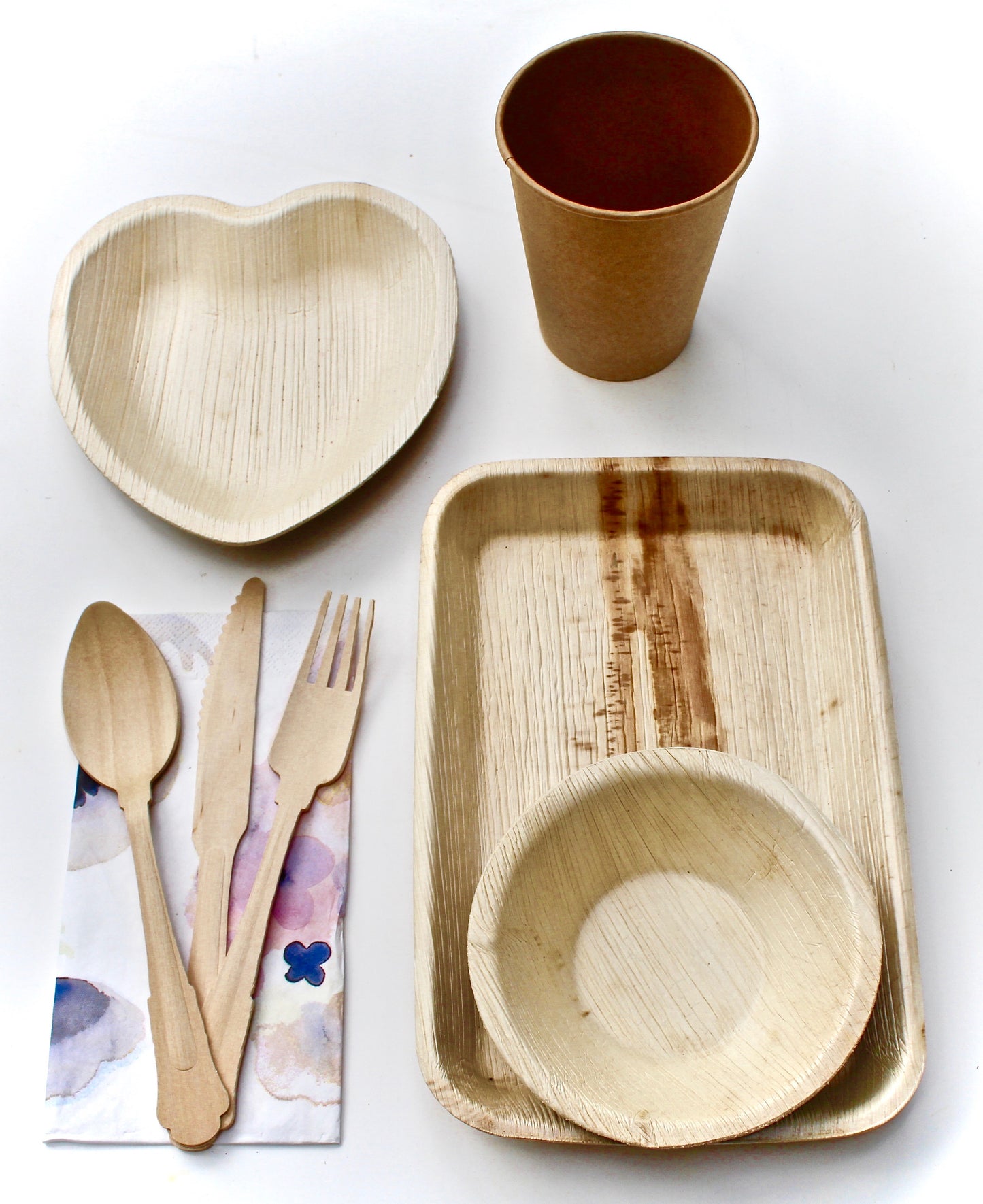 Eco Friendly Bamboo Type Palm Leaf 25 Piece 10" Round - 25 Piece Heart 6"- 25 Piece Cup 75 Piece Cutlery 50 Piece Napkin - For Events & Parties - Disposable - Compostable - Biodegradable