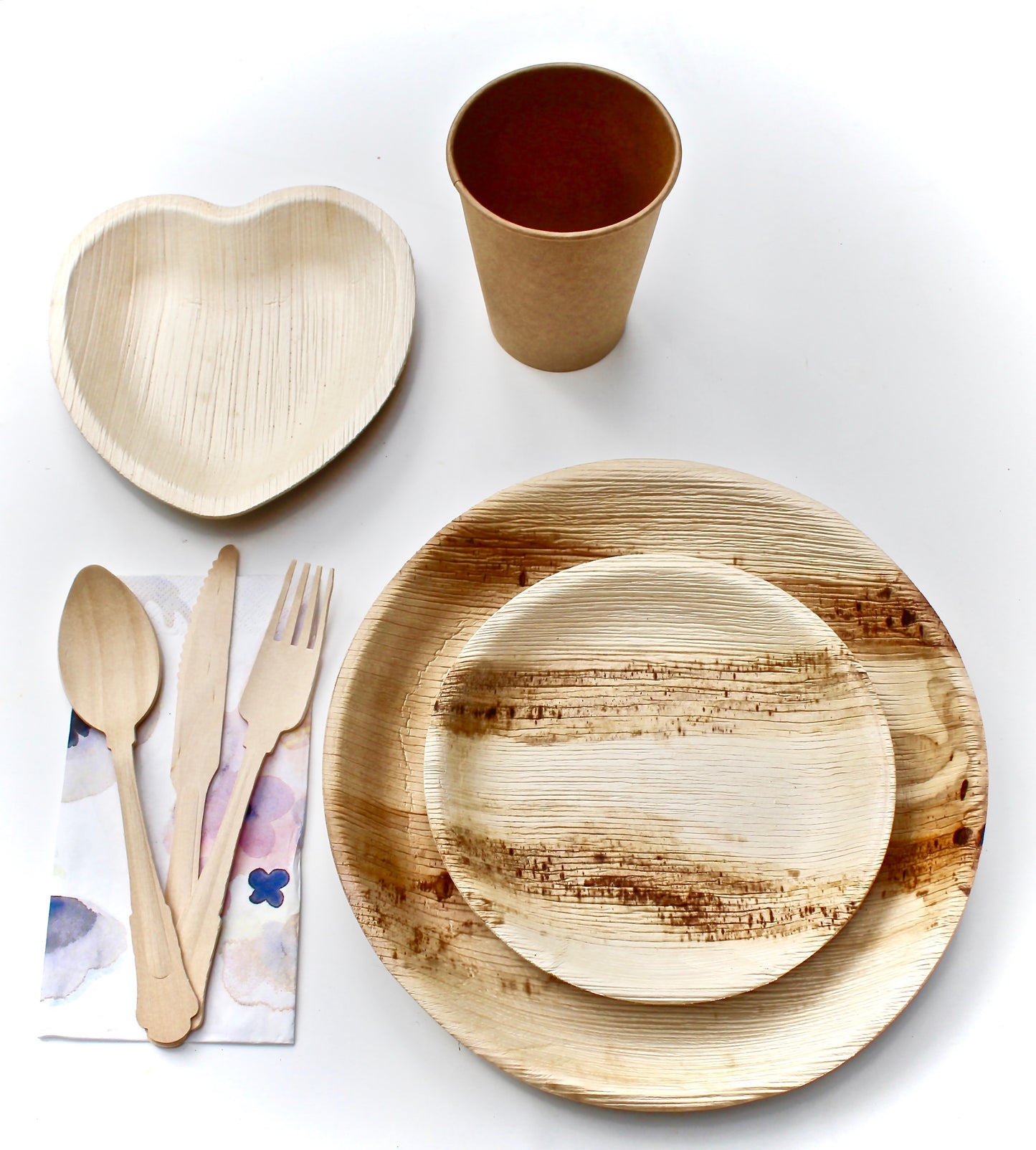 Palm Leaf Plate 20 Pic Round 10" - 20 pic Sea Grape 7" - 20 Pic Heart 6" - 20 Pic Cup - 20 Pic Napkin - 60 Pic Utensils