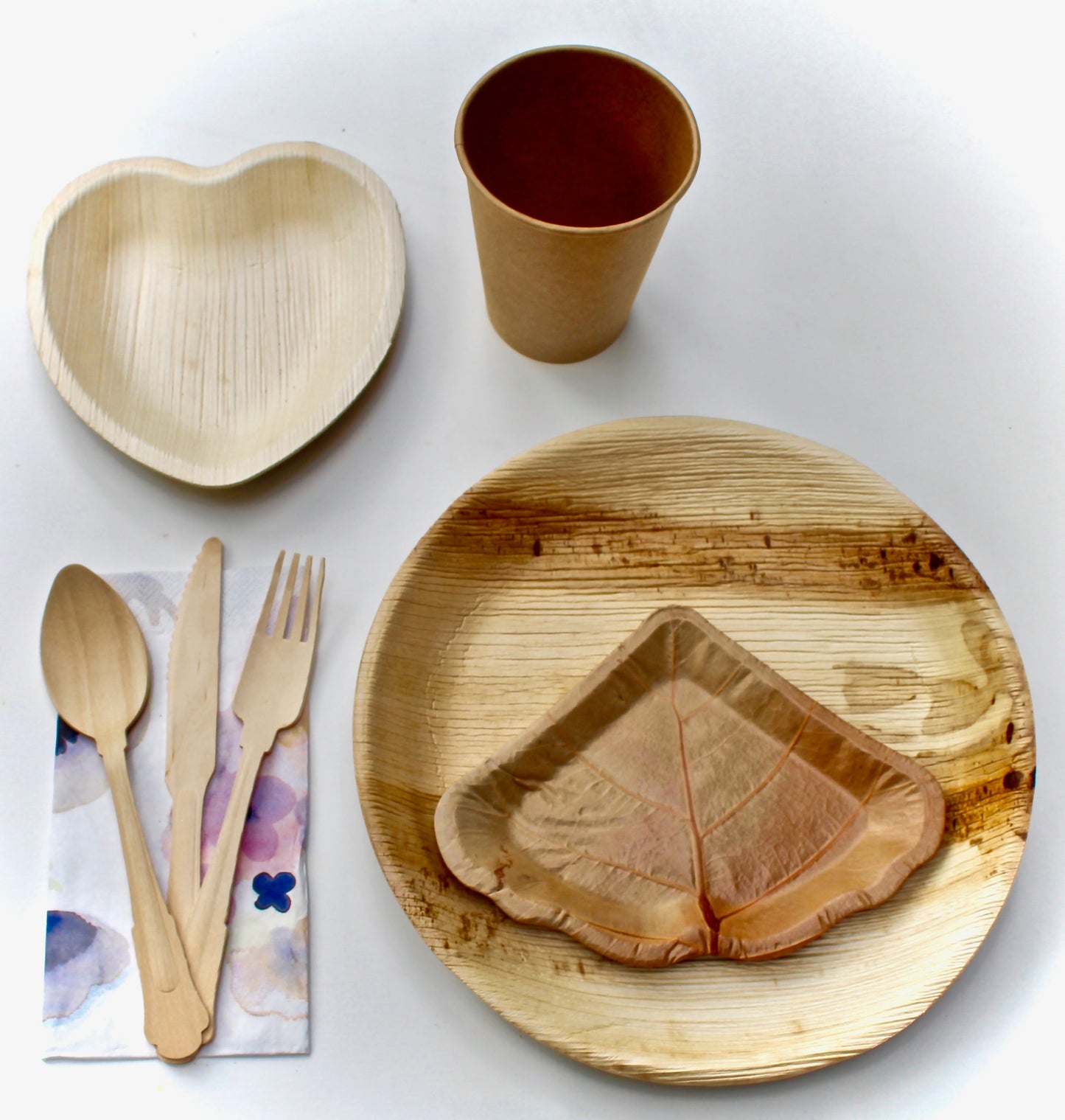 bamboo Type palm Leaf Plate 20 Pic Deep Square 10" - 20 Pic Sea Grape Dessert Plate 7" - 60 Pic Utensils Wood Birch and 40 pic Napkin
