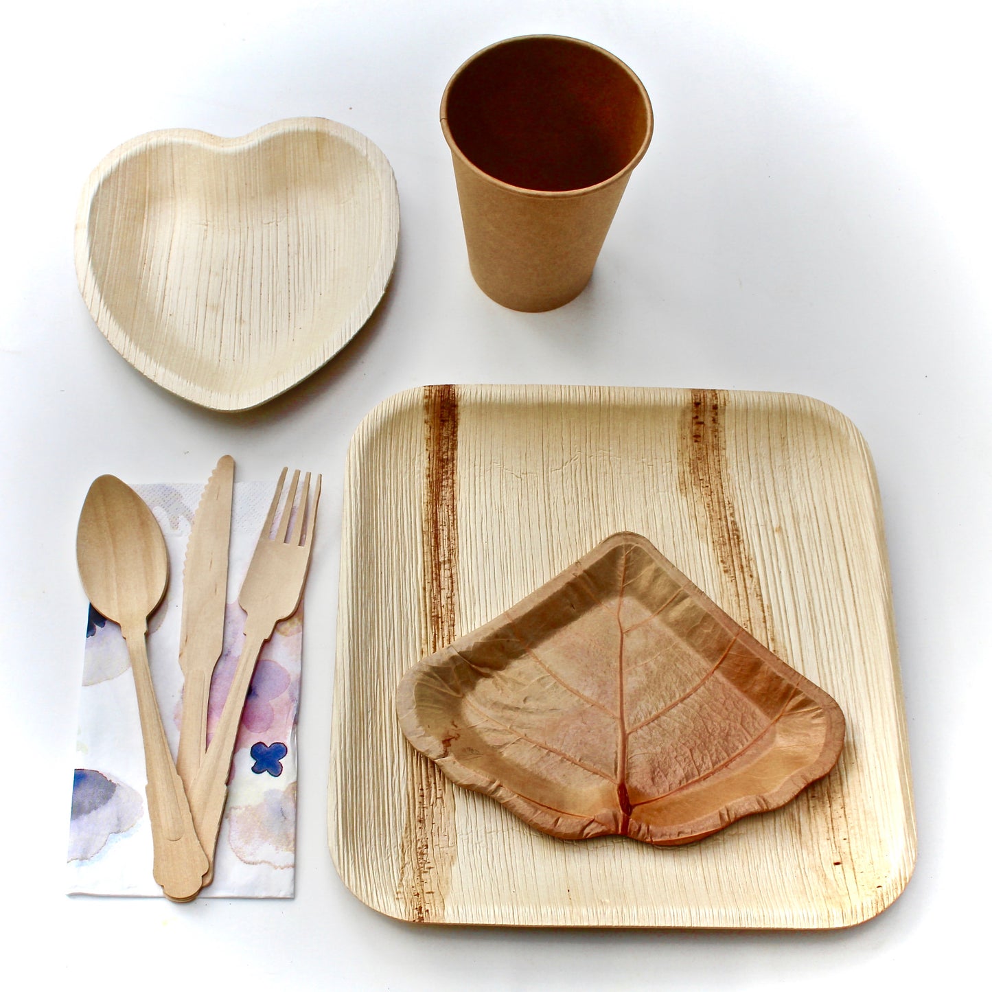 Bamboo Type Palm Leaf Plate 20 Pic 10" Deep Square - 20 Pic Sea grape 7" Dessert plate - 60 pic Utensils - 20 Pic Heart ^" - 20 Pic cup - 20 pic Napkin