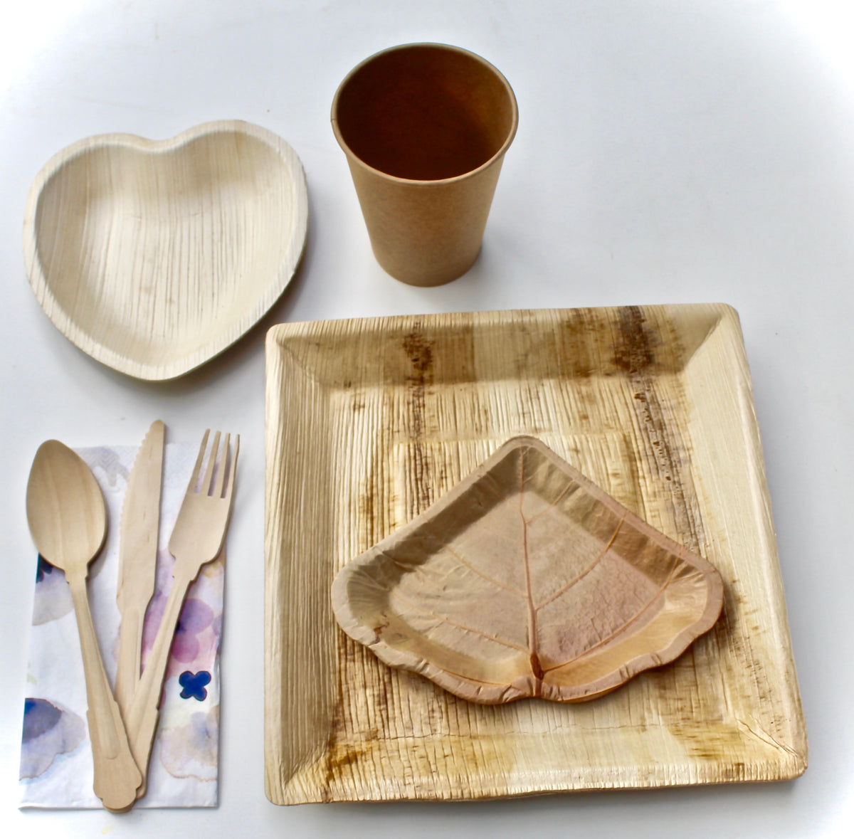 Complete Mixed Plate & Utensil Set - 20 Deep Square Plates (10") + 20 Sea Grape (7") + 20 Hearts (6") + 20 Cups + 20 Napkins + 60 Utensils - 180pc - Biodegradable