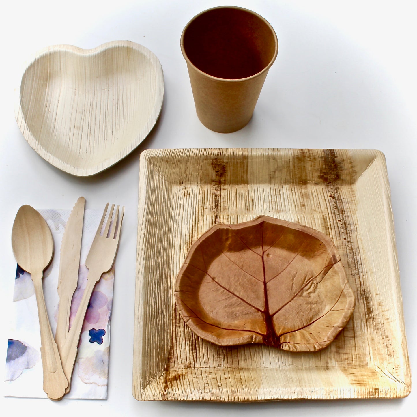 bambo Type plalm Leaf Plate 40 Pic Deep Square 10" - 40 Pic Sea Grape Dessert Plate 7" - 90 Pic Utensils Wood Birch and 40 pic Napkin