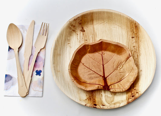 Bamboo Type Palm Leaf Plate 10" Round 20 Pic - Sea Grape 20 Pic 7" dessert Plate and 60 pic Utensils - 20 pic Napkin  disposable