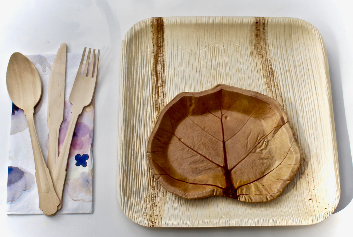 L>Bamboo Type Palm Leaf Plate 9.5 " Square 20 Pic - Sea Grape Dessert Plate 20 Pic and 60" Utensils - 20 Pic Napkin  disposable