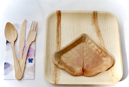 L>Bamboo Type Palm Leaf Plate 9.5 " Square 20 Pic - Sea Grape Dessert Plate 20 Pic and 60" Utensils - 20 Pic Napkin  disposable