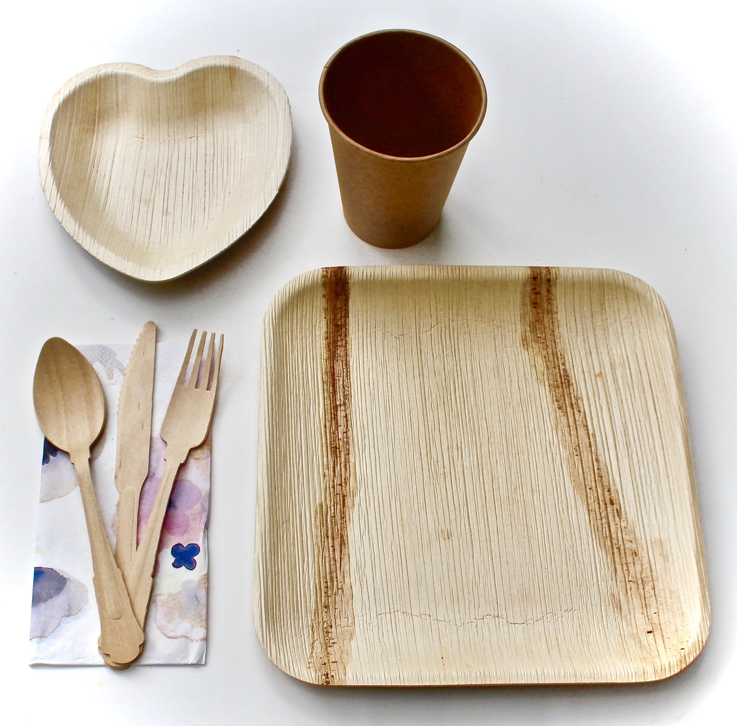 Bamboo type palm leaf plates 25 Pic 6x9" - 25 pic Heart 6" - 75 Pic Cutlery - 30 pic Napkin- 25 cup
