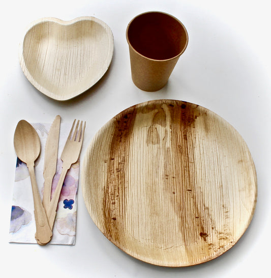 palm leaf plates 10 pice Round 10" - 10 pic 6" Heart   and    30  pic cutler - 50 pic napkin - 10 pic coup