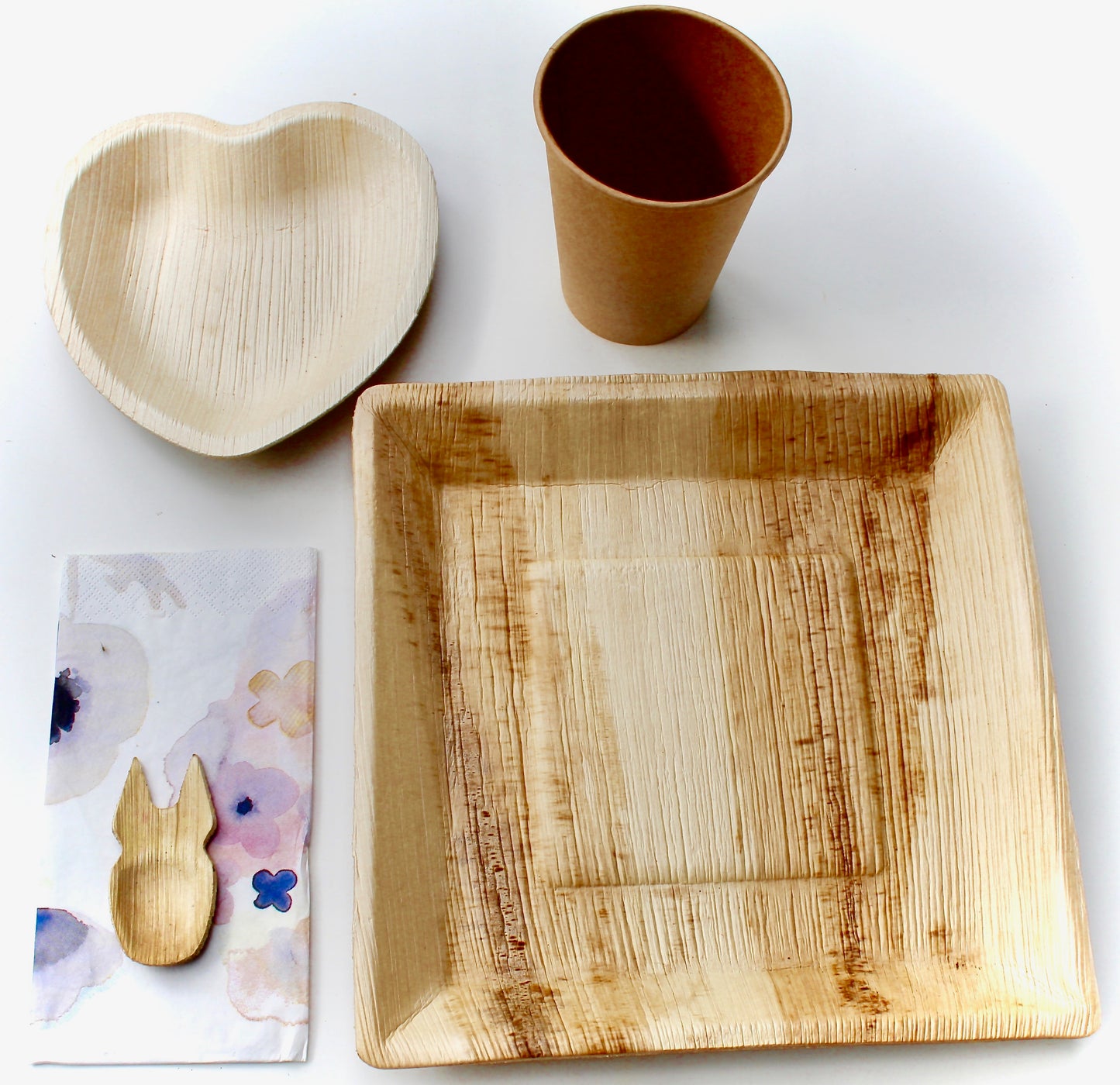 Palm Leaf plates 10 Pice 10" Square Deep   - 10 pic 6" Heart 6"  - 30 Pic cutlery - 10 pic 5" Bowl  and 10 pic Coup - 20 pic Napkin