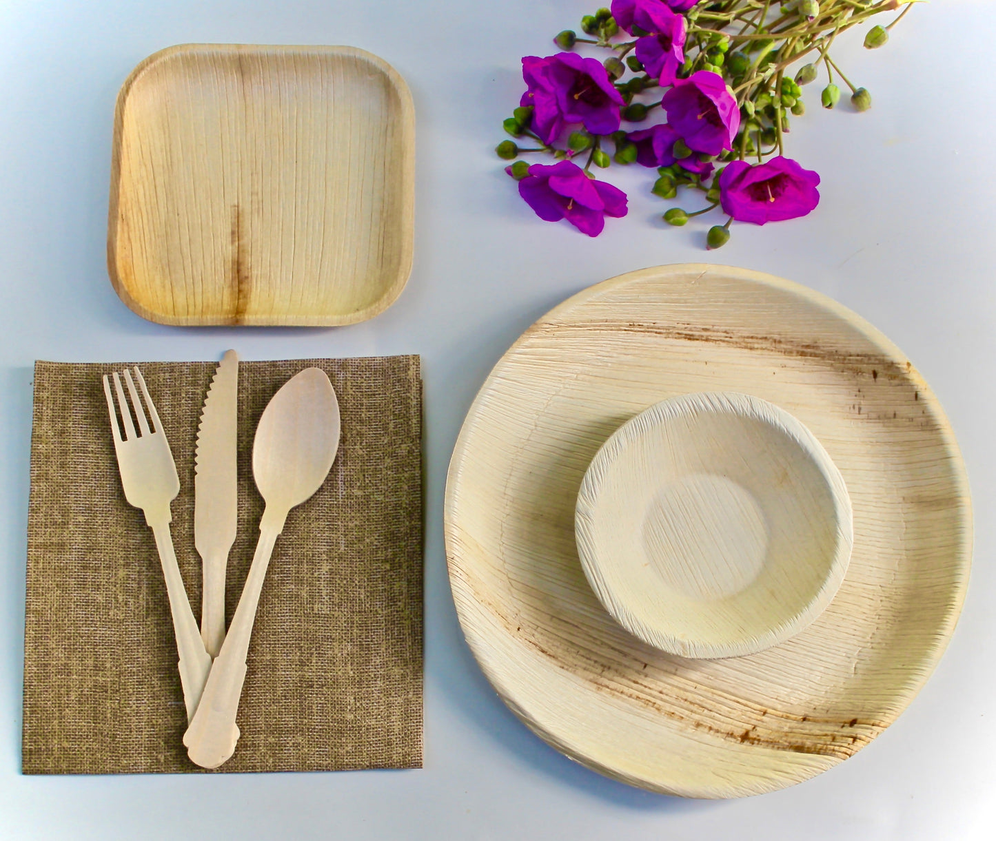 Eco Friendly Disposable Palm Leaf Round Plate Natural Sustainable 10 Piece 10" and 10 Piece 5" Bowl - 10 Piece Square 6" and 30 Piece Cutlery - For Events & Parties - Disposable - Compostable - Biodegradable