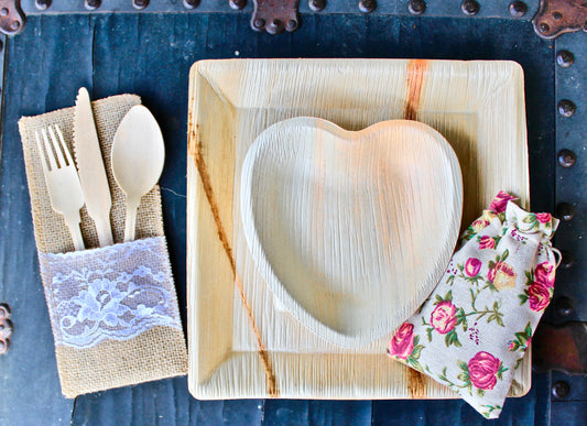 Baby Shower  Bamboo Type palm leaf plates 25 pic 10" Square - 25  Pic Heart6" - 25 Pic Gift Bag- 25 Pic  cutlery Bag - 75 Pic Cutlery