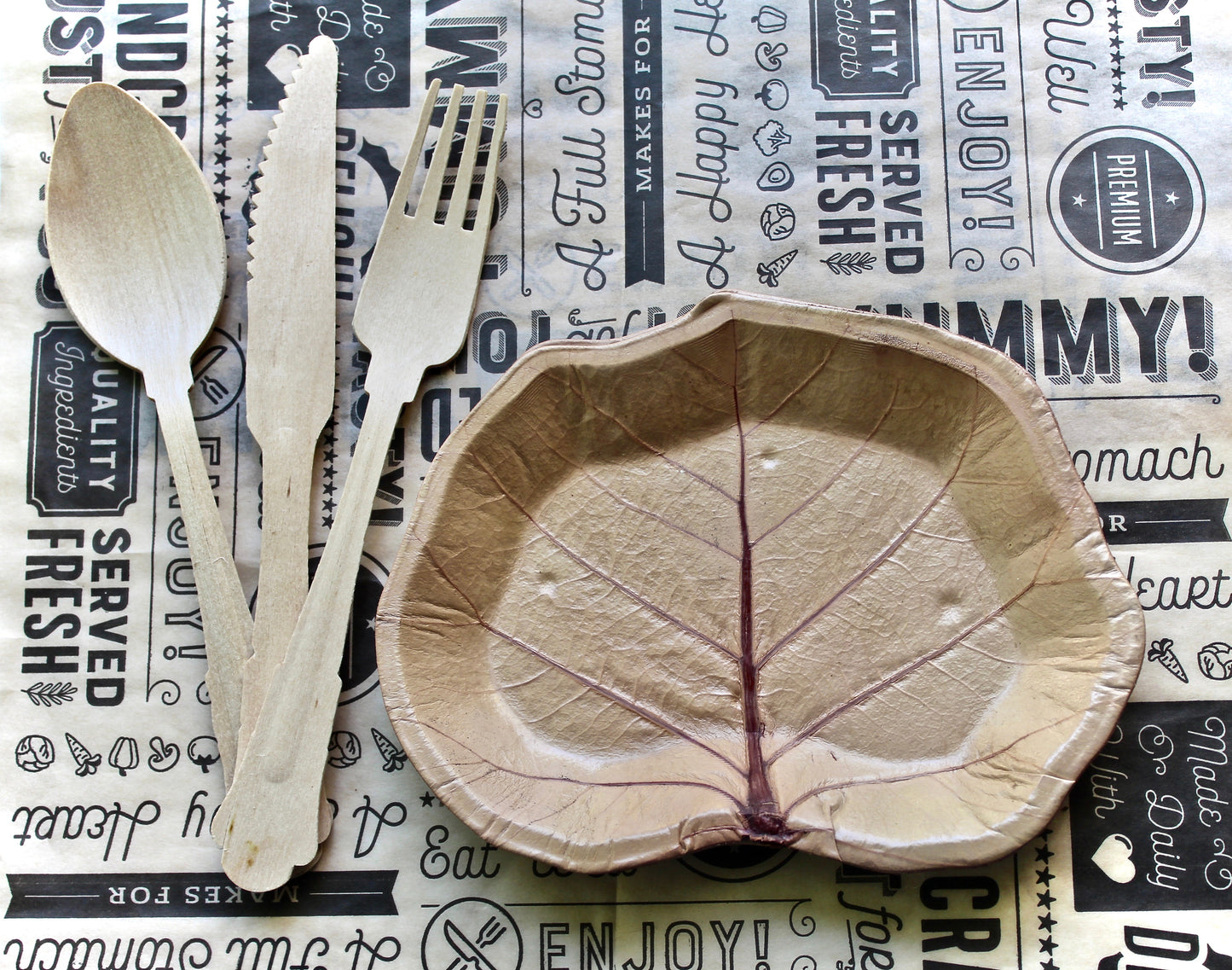 Copy of bamboo Type palm  Leaf Plate 50 Pic Square 10" - 50 Pic Sea Grape Dessert Plate 7" - 150  Pic Utensils Wood Birch and 40 pic Napkin