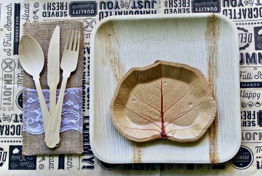 Copy of bamboo Type palm  Leaf Plate 50 Pic Square 10" - 50 Pic Sea Grape Dessert Plate 7" - 150  Pic Utensils Wood Birch and 40 pic Napkin