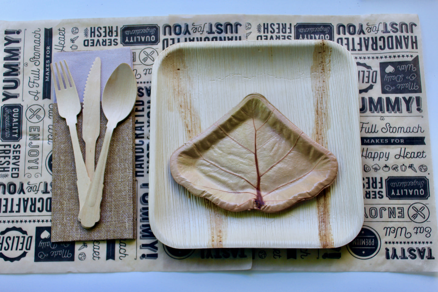 Palm Leaf Plate 50 Pic 8" Square and 150   Spoon - Knife - Fork    Disposable - Biodegradable - good for Dessert