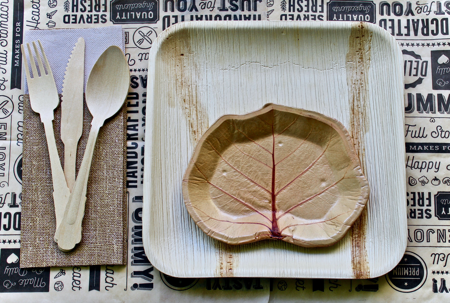 Palm Leaf Plate 50 Pic 8" Square and 150   Spoon - Knife - Fork    Disposable - Biodegradable - good for Dessert